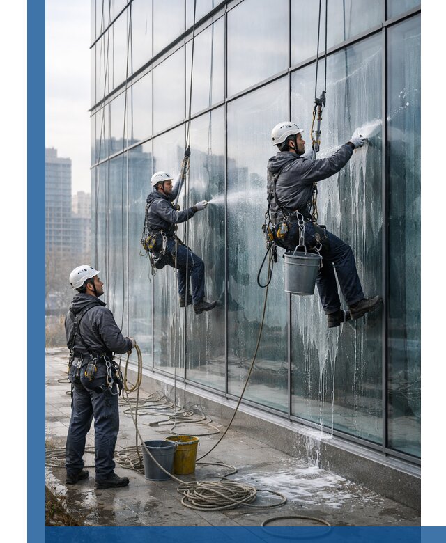 Промышленная мойка панорамных окон на высоте в Великом Новгороде