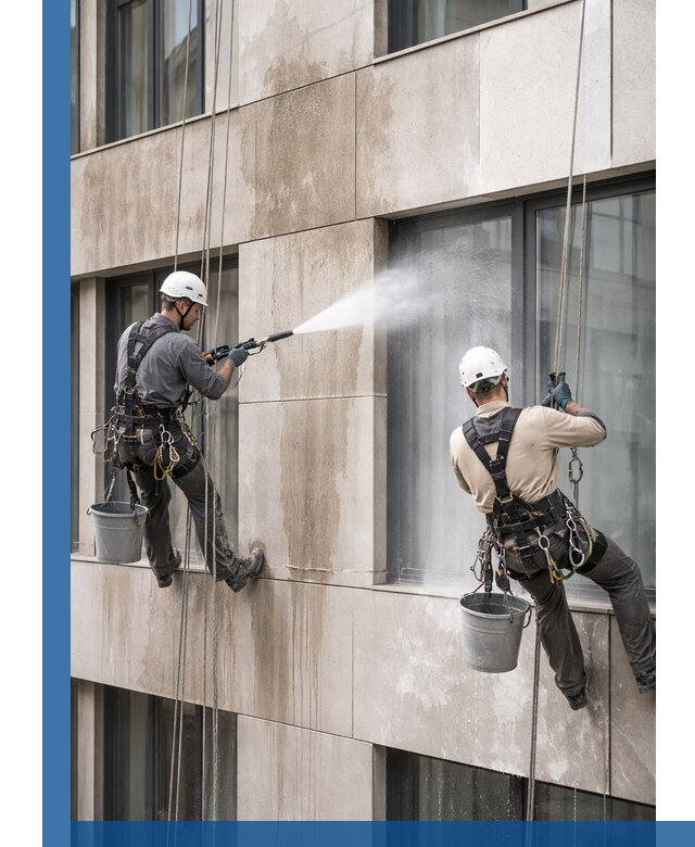 Послестроительная мойка фасада промышленным альпинизмом в Великом Новгороде