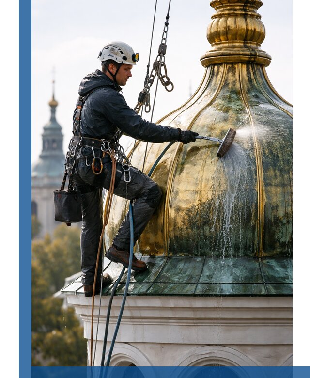 Профессиональная мойка куполов и шпилей высотными альпинистами в Великом Новгороде