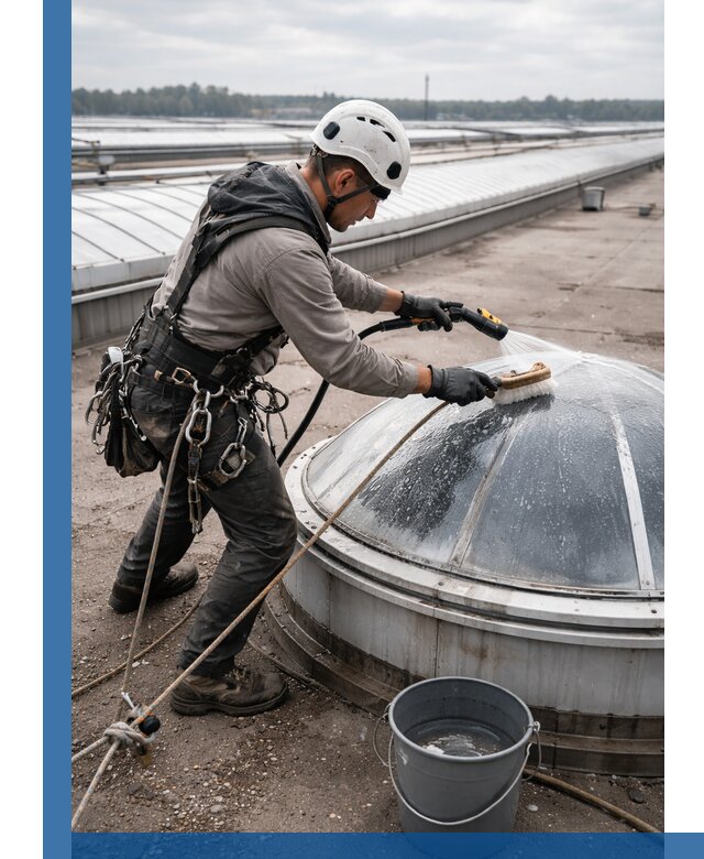 Мойка зенитных фонарей на кровле для промышленных объектов в Великом Новгороде