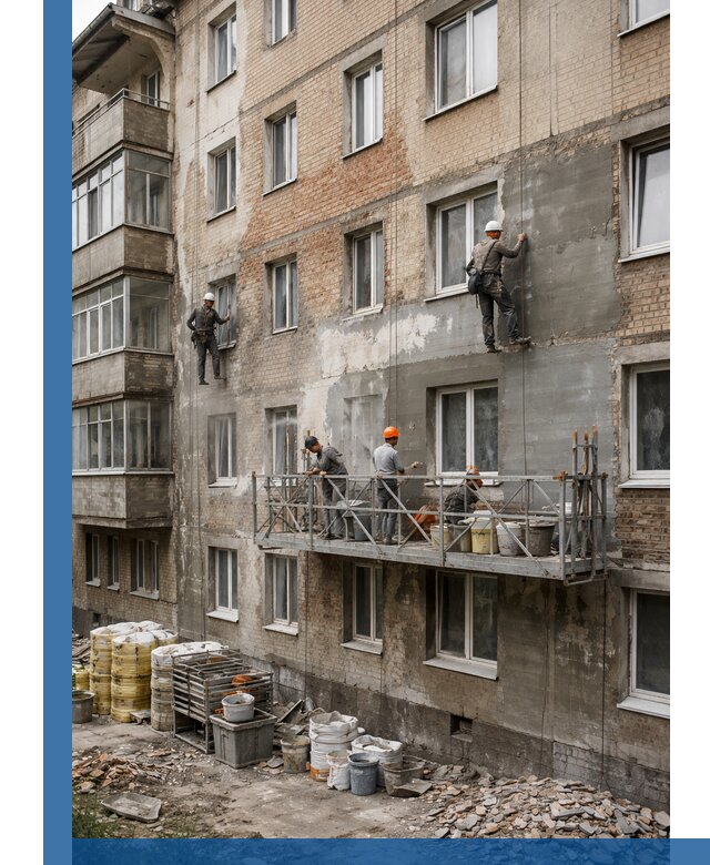 Капитальный ремонт фасада в Великом Новгороде с восстановлением и гидроизоляцией