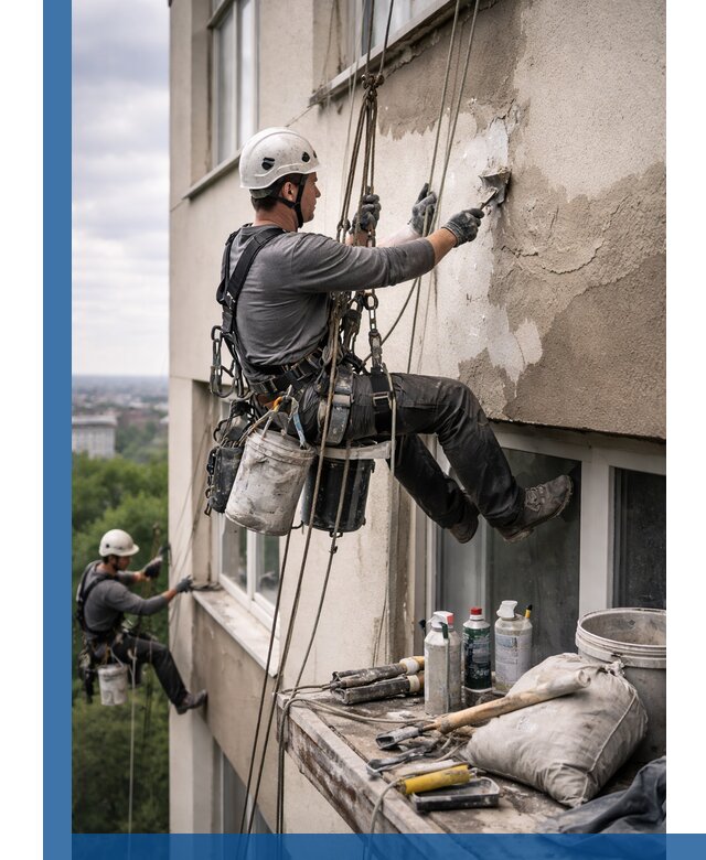 Косметический ремонт фасада зданий в Великом Новгороде промышленными альпинистами