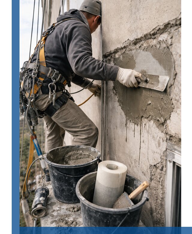 Ремонт бетонных элементов фасада промышленными альпинистами в Великом Новгороде