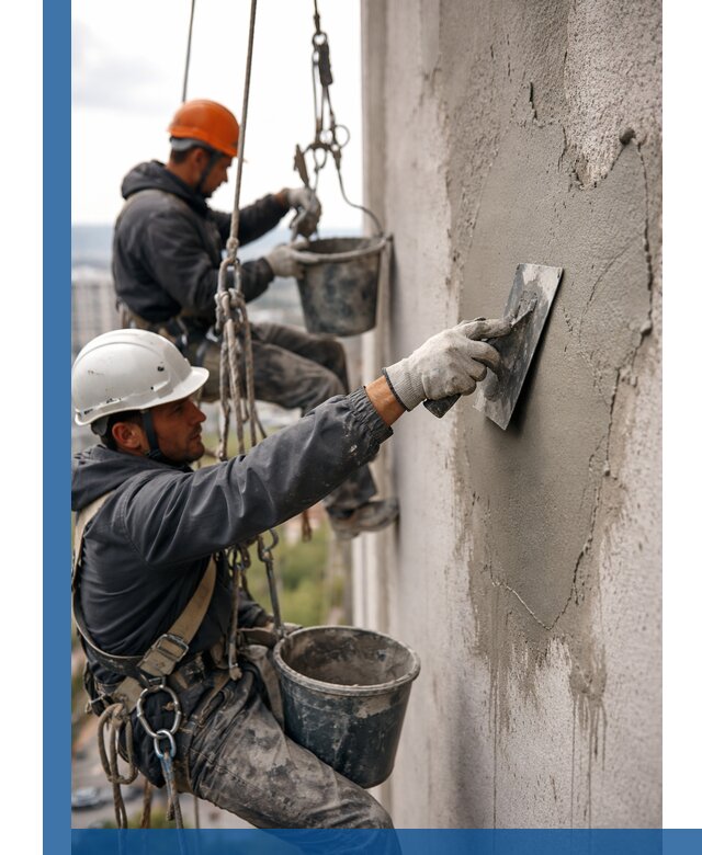 Штукатурка фасада на высоте в Великом Новгороде профессиональные работы