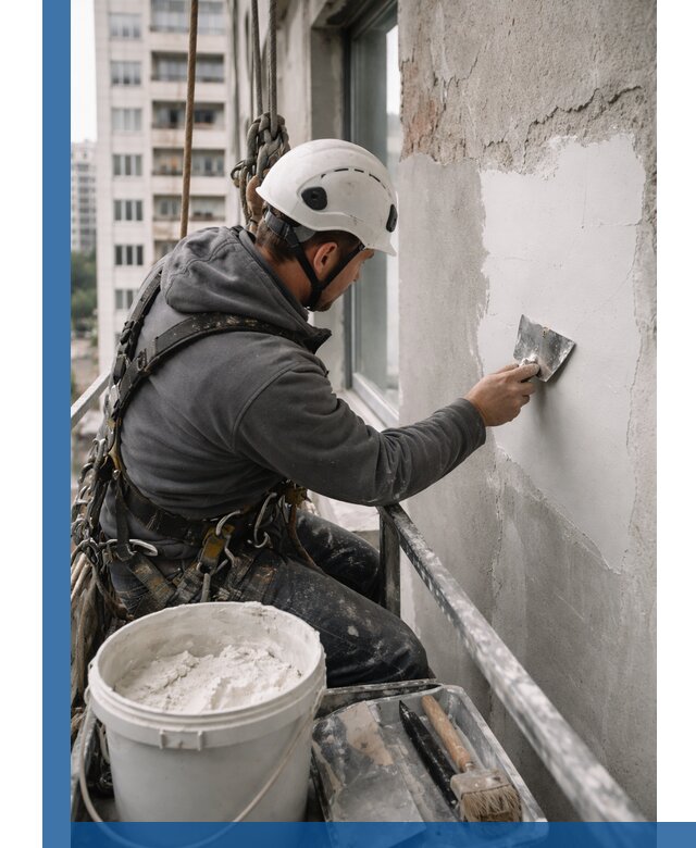 Шпаклевка фасадов на высоте с промальпинистами в Великом Новгороде