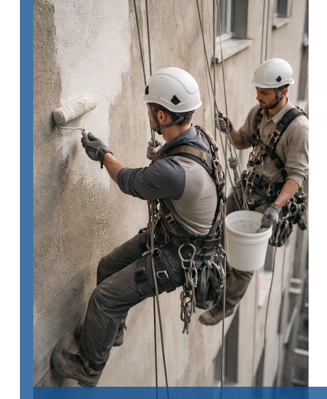 Грунтовка фасада на высоте в Великом Новгороде промышленными альпинистами