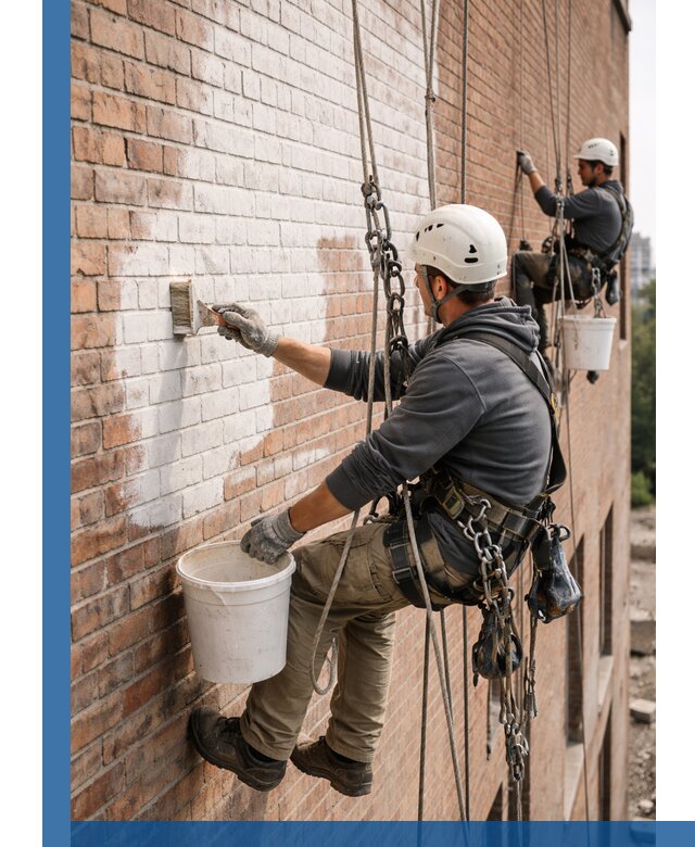 Покраска кирпичного фасада с доступным альпинистским сервисом в Великом Новгороде