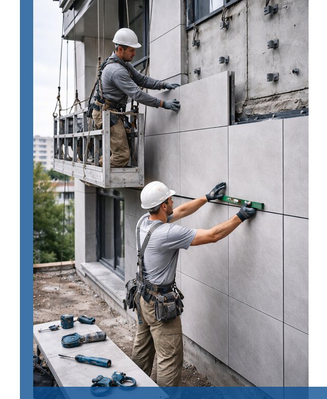 Монтаж керамогранита на фасад в Великом Новгороде под ключ с гарантией качества