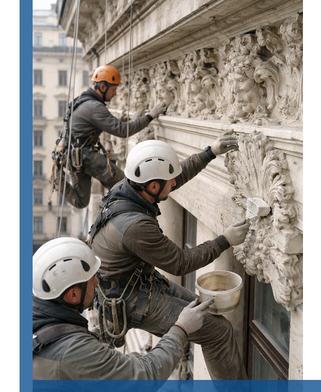 Реставрация фасадной лепнины с высотными работами в Великом Новгороде