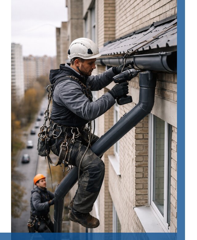 Монтаж водосточной системы на здании в Великом Новгороде от 5115 р. | ВЫСОТНИК-Влк