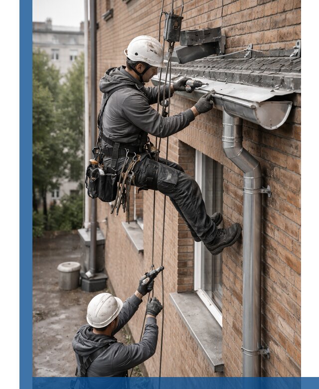 Монтаж водосточной системы на здании в Великом Новгороде под ключ