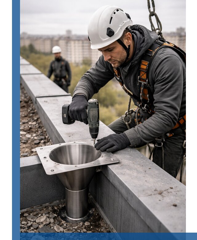 Монтаж водосточных воронок в Великом Новгороде для промышленных зданий