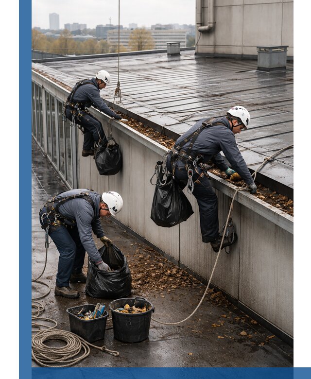 Очистка кровли по периметру в Великом Новгороде силами промышленных альпинистов