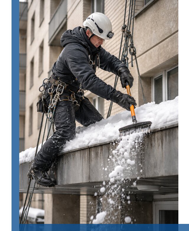 Очистка козырьков от снега в Великом Новгороде круглогодично безопасно