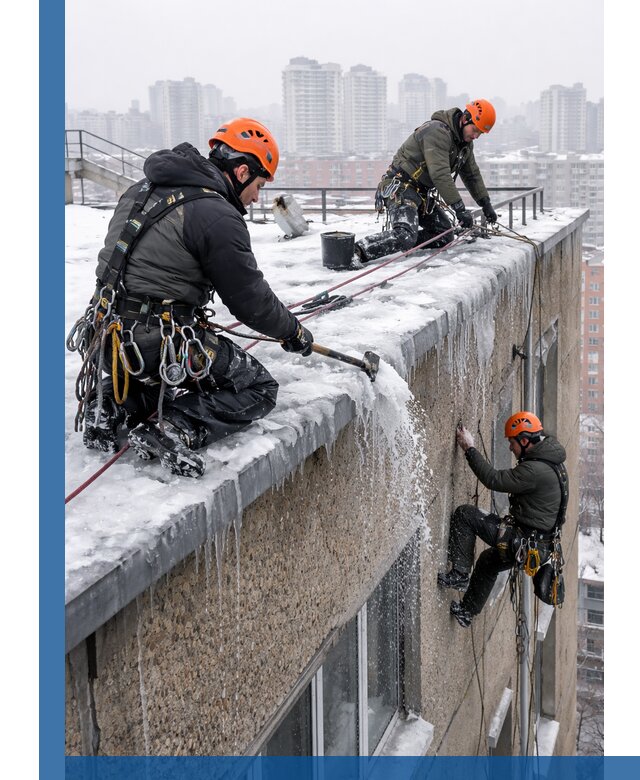 Удаление наледи с кровли в Великом Новгороде промышленными альпинистами