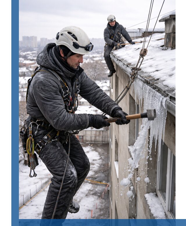 Сбивание и удаление сосулек с крыши в Великом Новгороде безопасно