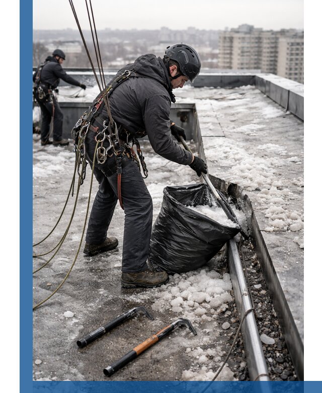 Аварийная очистка кровли в Великом Новгороде от промальпинистов