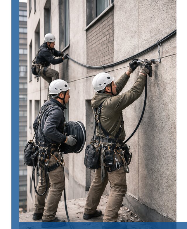 Прокладка кабеля по фасаду в Великом Новгороде, профессиональный монтаж