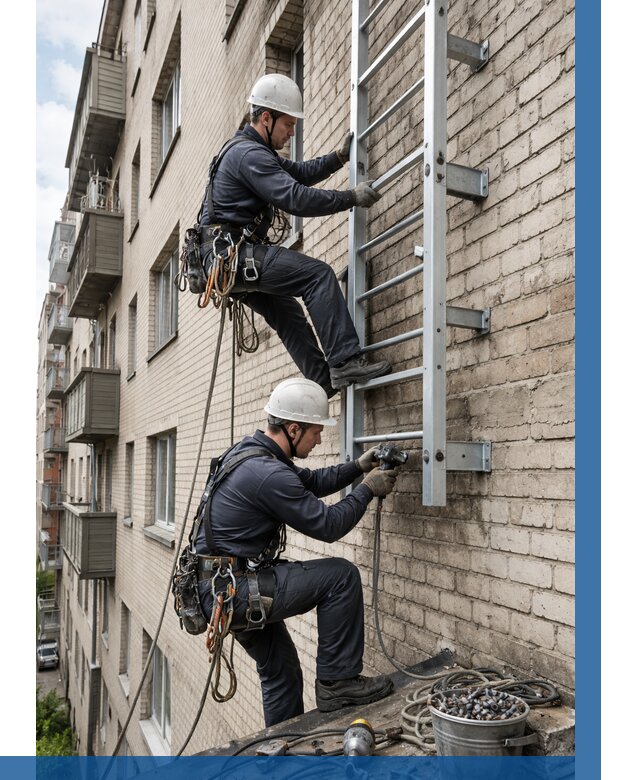 Монтаж пожарной лестницы в Великом Новгороде от 25575 р заказать у ВЫСОТНИК-Влк