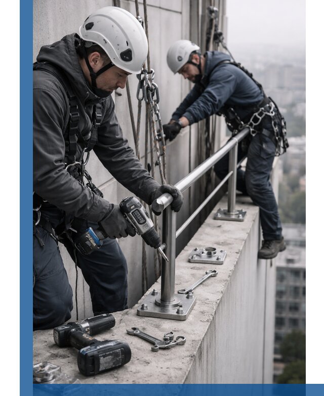 Монтаж перил на высоте в Великом Новгороде для жилых и промобъектов