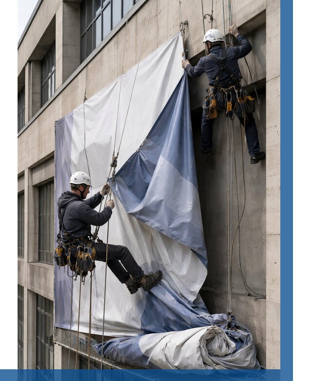 Демонтаж баннеров с фасада в Великом Новгороде от 4604 р. | ВЫСОТНИК-Влк