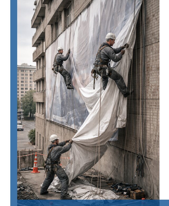 Демонтаж баннеров с фасада в Великом Новгороде оперативно и безопасно