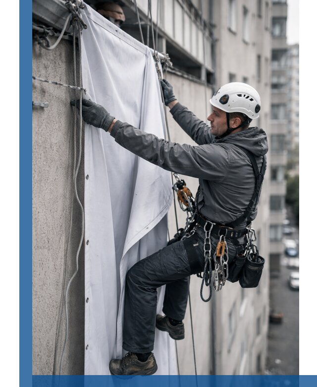 Замена баннерного полотна промышленными альпинистами в Великом Новгороде