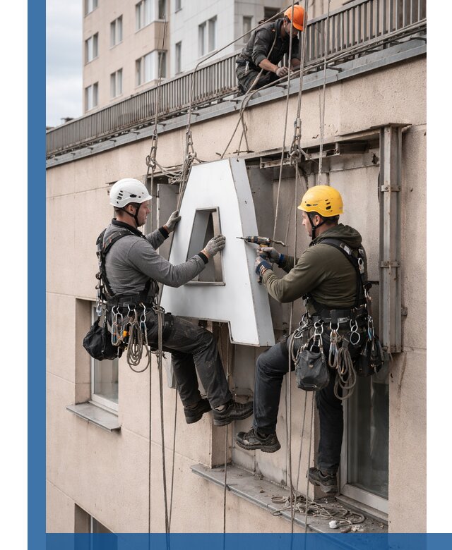 Ремонт и восстановление наружных вывесок на высоте в Великом Новгороде