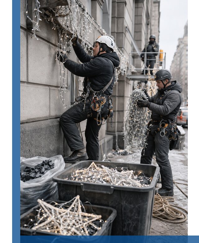 Демонтаж новогоднего оформления и гирлянд в Великом Новгороде