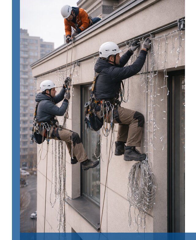 Монтаж праздничных гирлянд на фасаде в Великом Новгороде для зданий