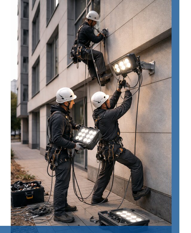 Монтаж прожекторов на фасаде в Великом Новгороде от 7673 р. | ВЫСОТНИК-Влк