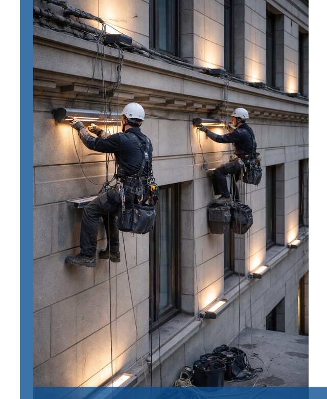 Монтаж архитектурной подсветки фасадов зданий в Великом Новгороде