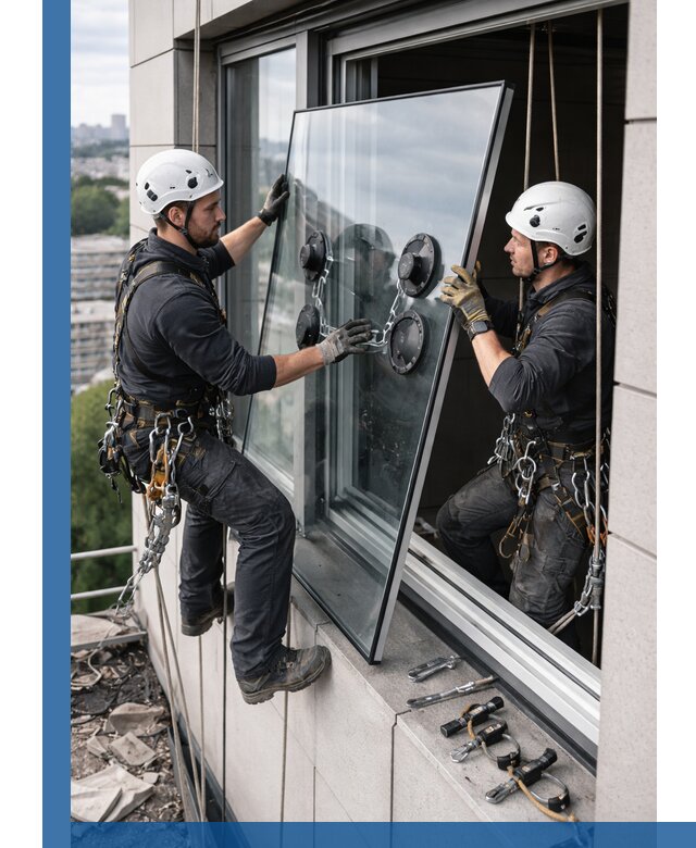 Замена стеклопакетов на высоте с промышленными альпинистами в Великом Новгороде