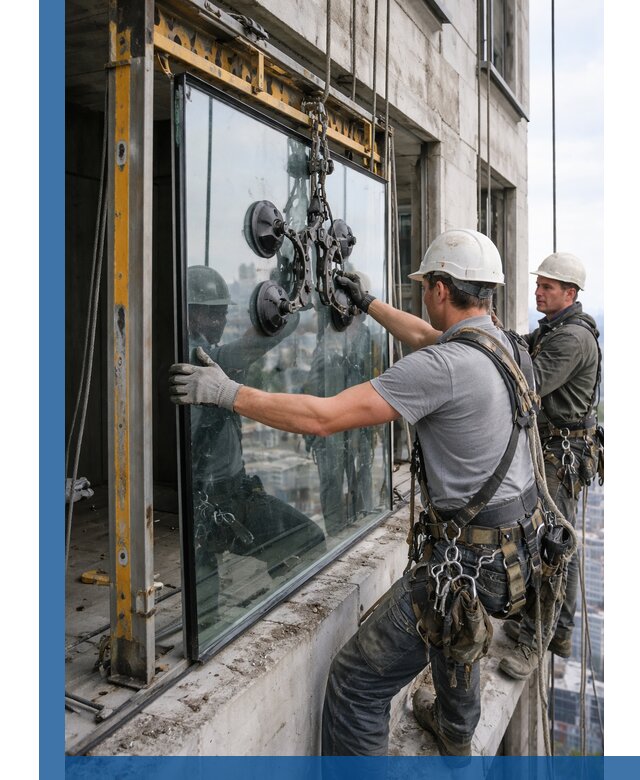 Монтаж стеклопакетов на высоте в Великом Новгороде с промышленным альпинизмом