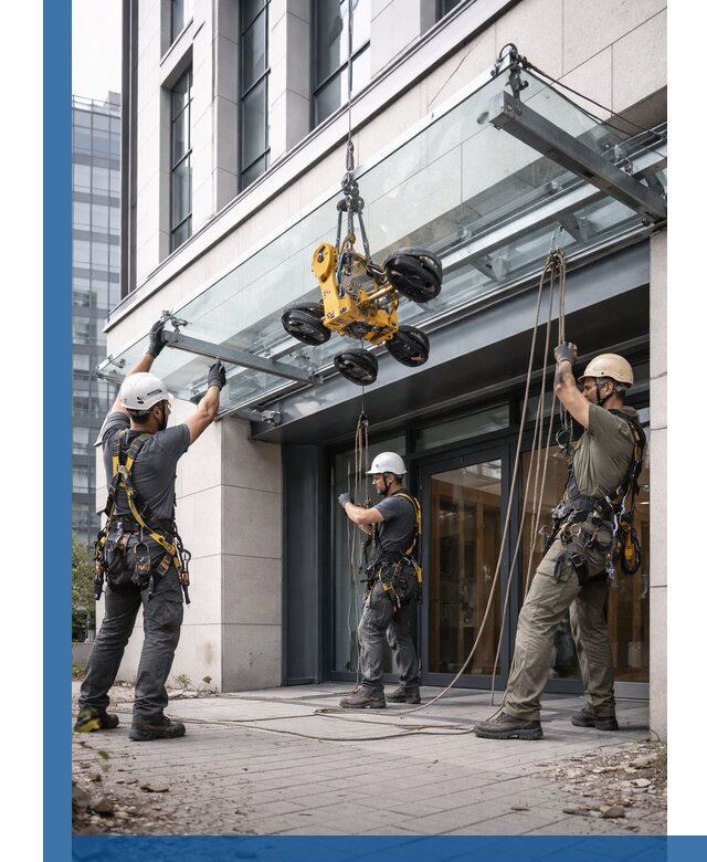 Монтаж стеклянных козырьков под ключ в Великом Новгороде для зданий