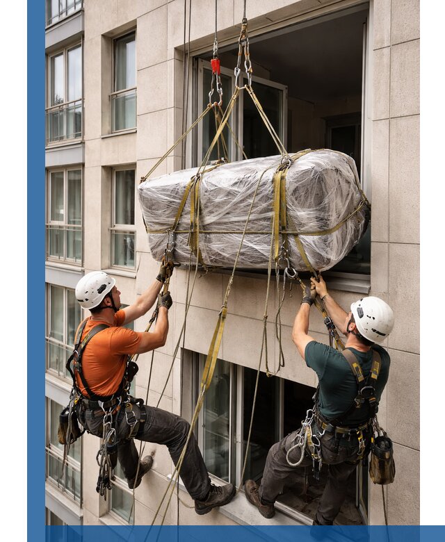 Подъем грузов через окно в Великом Новгороде промышленными альпинистами