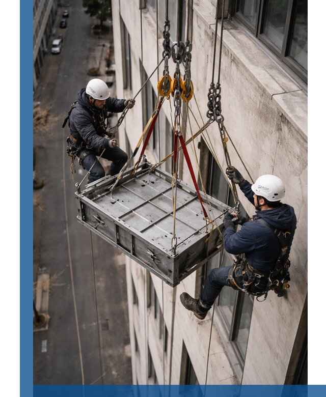 Спуск и подъем грузов по фасаду в Великом Новгороде для зданий