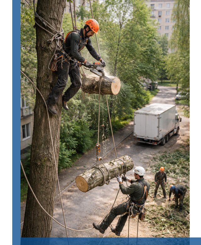 Спил деревьев альпинистами в Великом Новгороде, безопасно и без повреждений