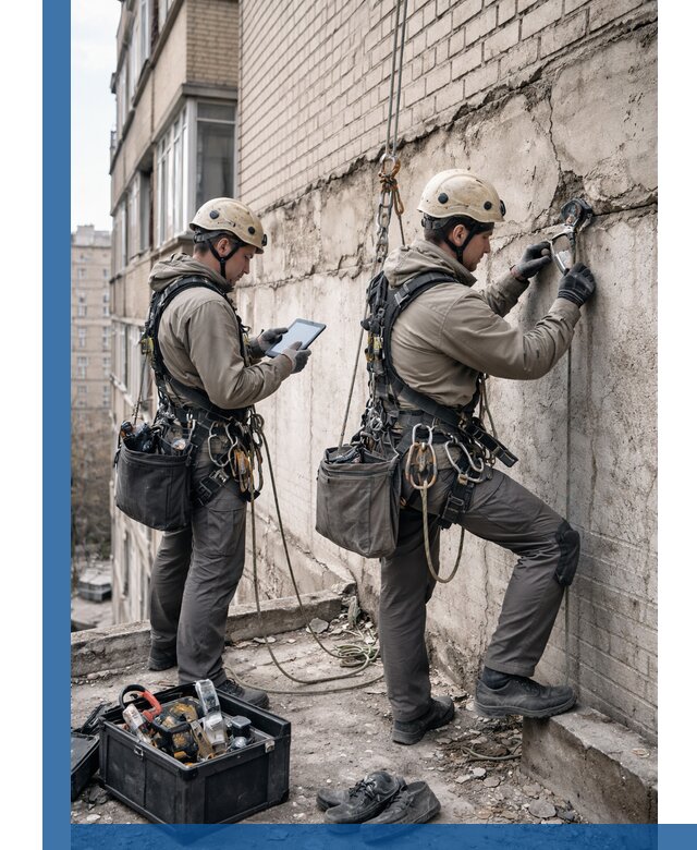 Обследование фасада промышленными альпинистами в Великом Новгороде